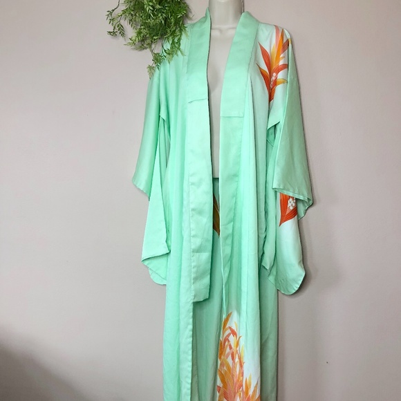 Tsukesage Silk Kimono Robe BEAUTIFUL DETAIL HANDMADE Mint Aqua Seafoam LONG - Picture 2 of 11
